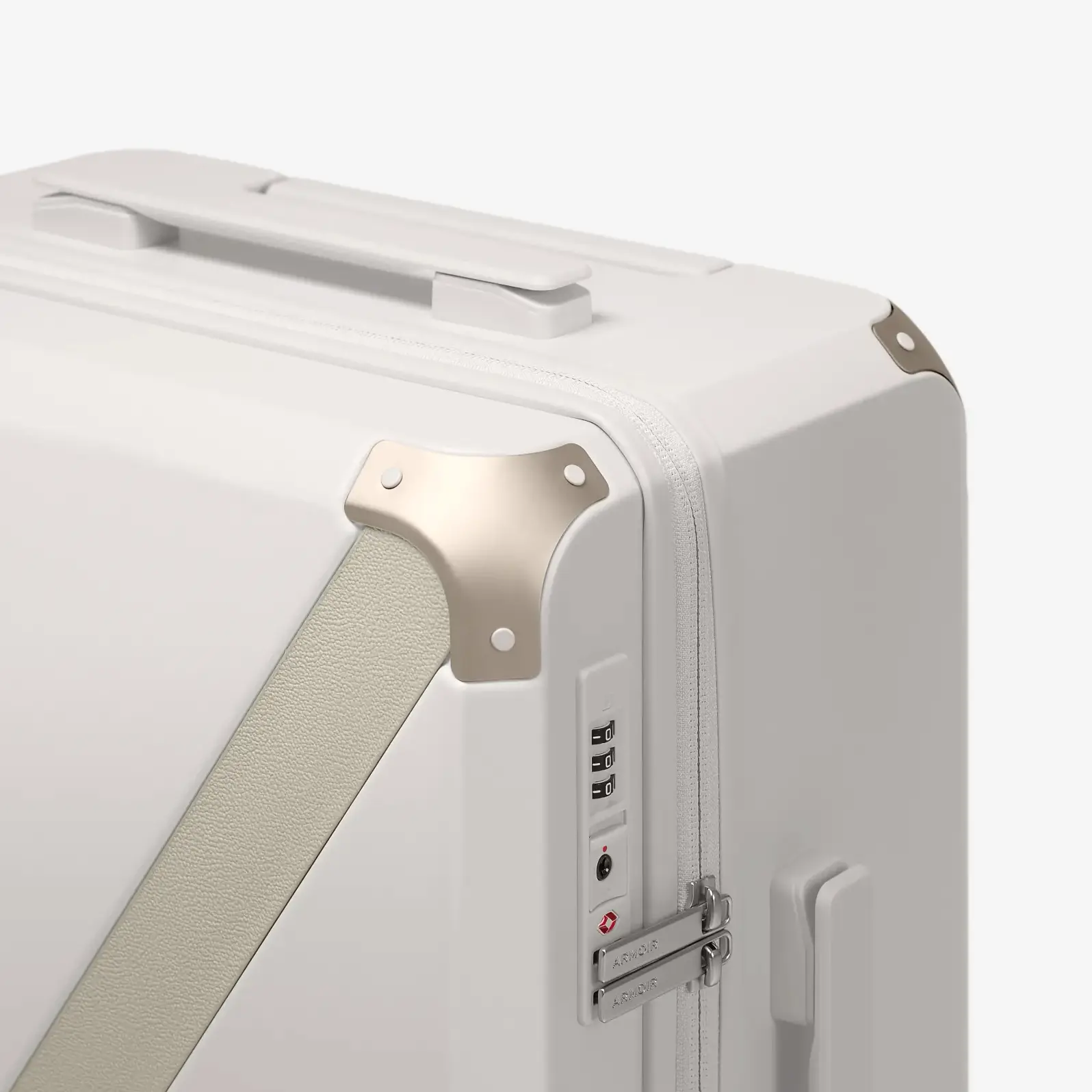 Beige hard shell luggage, The Cabin Trunk Essential by Armoir, corner detail
